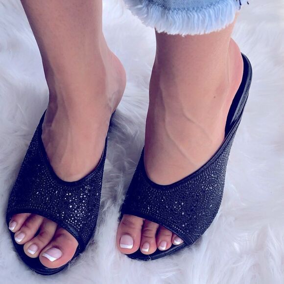 Restocked! Black Tie Rhinestone Embellished Wedge Heeled Sandal - Picture 3 of 7